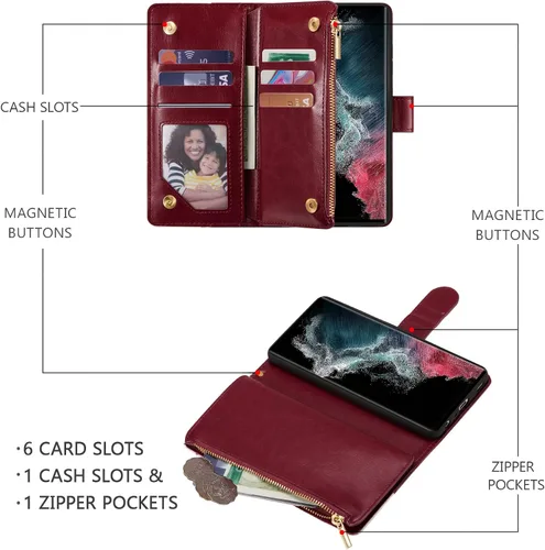 Miniatura 4 de UEEBAI Funda tipo cartera para Samsung Galaxy S22 Ultra 5G, piel sintética con cierre magnético, bolsillo con cremallera, ranuras para tarjetas