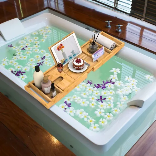 Miniatura 2 de Bandeja de Bañera de Bambú para Baño de Lujo, Bandeja de Baño Premium Expandible con Soporte para Jabón/Toalla/Libro, Accesorios de Baño Ajustables