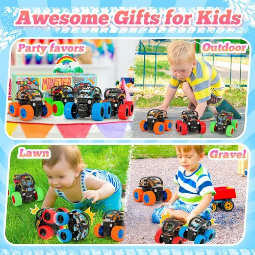 Miniatura 6 de SevenQ Monster Truck - Juguetes de coches para niños, paquete de 4 coches de carreras, recuerdos de fiesta para niños, empujar y avanzar, coches
