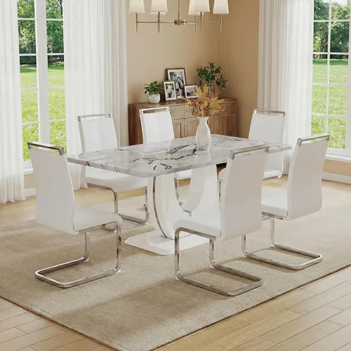 Miniatura 26 de Juego de 6 sillas de mesa de comedor para 6, juego de 6, moderno juego de comedor con mesa de comedor de mármol de 63 pulgadas, sillas tapizadas