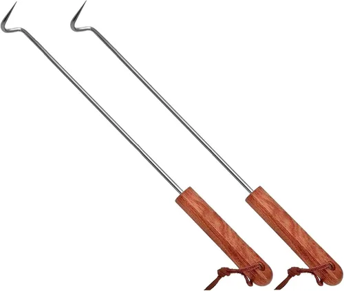 2 ganchos giratorios de acero inoxidable para barbacoa y carne, accesorios para parrilla con mango de madera para asar y ahumar (2 piezas de 17.5 2