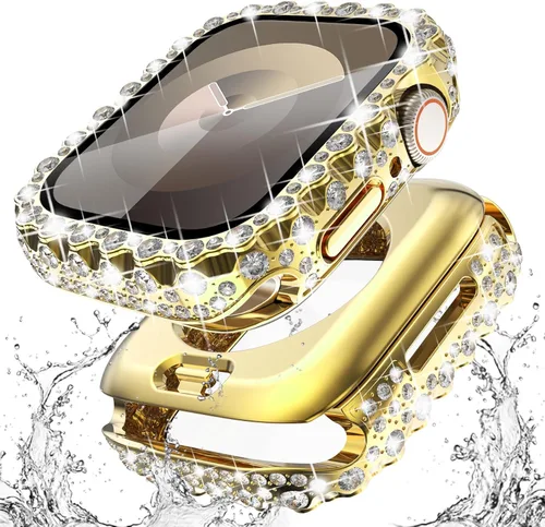 Miniatura 18 de Surace Estuche 2 en 1 impermeable brillante compatible con Apple Watch Series 9/8/7 de 45 mm, protector de pantalla, borde de encaje, diamante