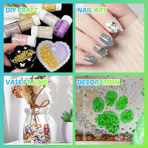 Miniatura 6 de Matio 12 colores de cristal triturado con purpurina irregular, 4.23 onzas/120g chips de vidrio roto triturado para joyería epoxi de resina, Metálico