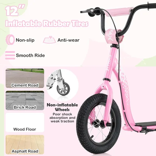 Miniatura 4 de GYMAX Patinete, Patinete de Empuje para Adultos, Adolescentes, Niños con Manubrio Ajustable, Ruedas Inflables de 12 Pulgadas, Freno de Pinza Rosa