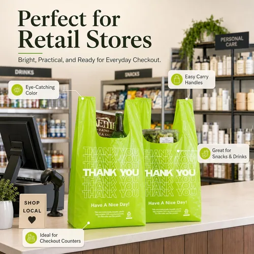 Miniatura 7 de YoYoRain 100 unidades de bolsas de camiseta “Gracias” – Bolsas de plástico verdes para compras con asas, para venta al por menor, abarrotes