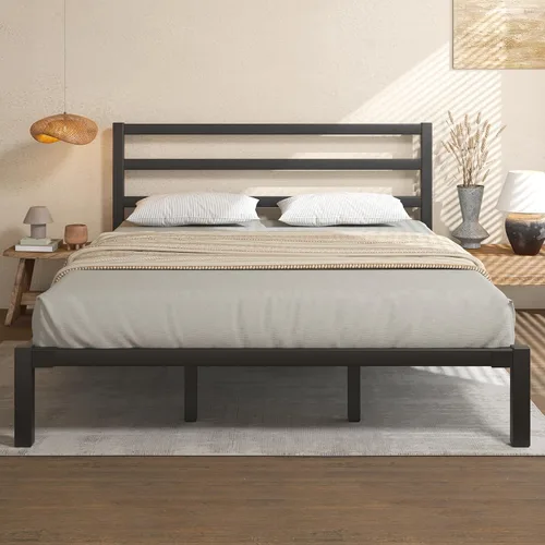 Miniatura 12 de E-Motie - Base de cama de tamaño individual, marco de cama de plataforma metálica con cabecero y estribo, espacio de almacenamiento debajo