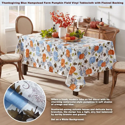 Miniatura 2 de Newbridge Mantel de vinilo azul de Acción de Gracias Hampstead Farm Pumpkin Field con reverso de franela, diseño de cosecha de otoño, 52 x 52