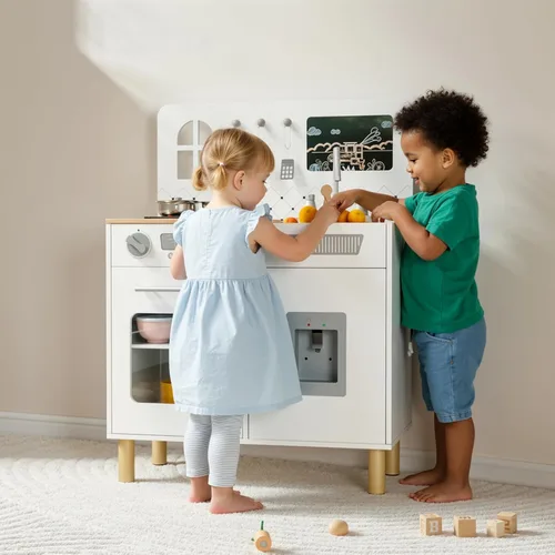 Miniatura 8 de Arlopu Juego de cocina de madera para niños con pizarra, luces y sonidos realistas, cocina interactiva con estufa, dispensador de agua, 6 utensilios