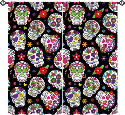Divertidas cortinas opacas de calavera de azúcar, cementerio del día de los muertos, diseño floral de México, telón de fondo negro, cortinas de