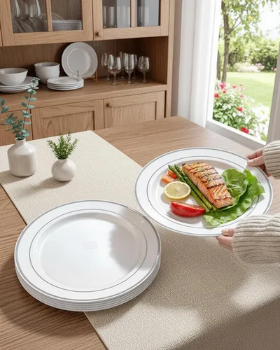 Miniatura 6 de bUCLA 100 platos de plástico plateados, platos desechables de borde plateado de 10.25 pulgadas, ideales para bodas, fiestas