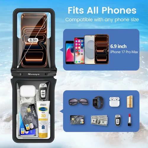 Miniatura 3 de Niveaya Bolsa impermeable para teléfono con doble espacio - 2 unidades, funda impermeable con cordón para iPhone 16/15/14/13/12 Pro Max hasta 8.3