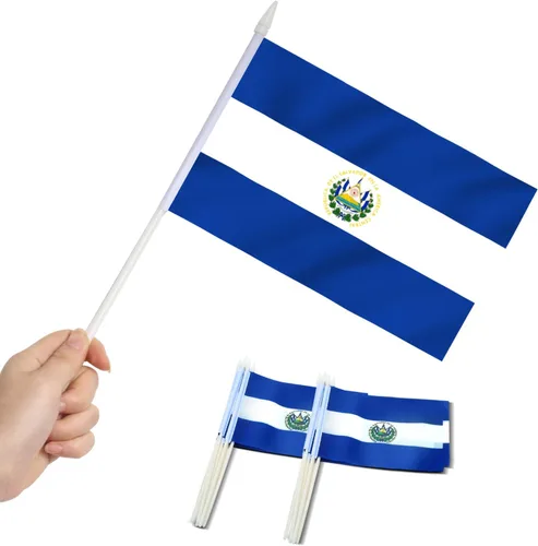 Anley Mini bandera de El Salvador, paquete de 12 unidades, banderas salvadoreñas pequeñas en miniatura de mano en barra, resistentes a la