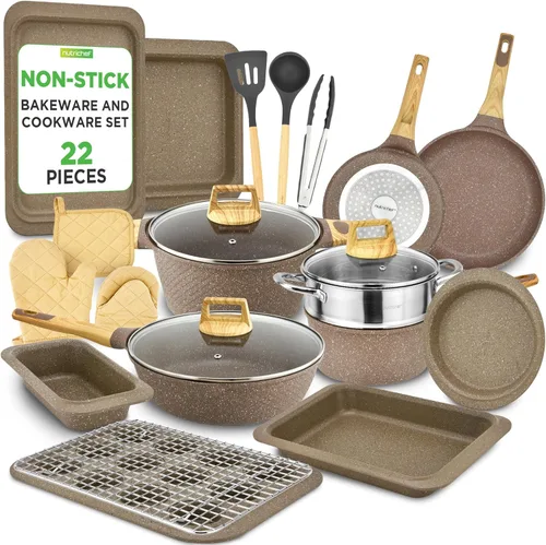 Miniatura 13 de NutriChef NCCW14SBR - Juego de utensilios de cocina antiadherentes de 14 piezas, ollas y sartenes de cocina resistentes a los arañazos con tapas