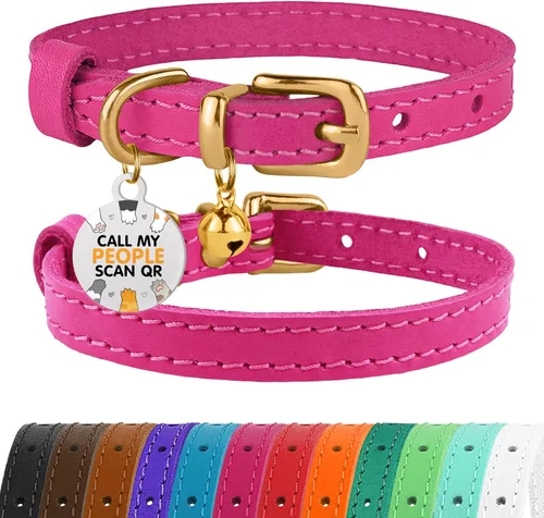 Miniatura 29 de BRONZEDOG Collar de cuero para gato con campanas extraíbles sin liberación rápida, etiqueta QR para gatito para niña y niño