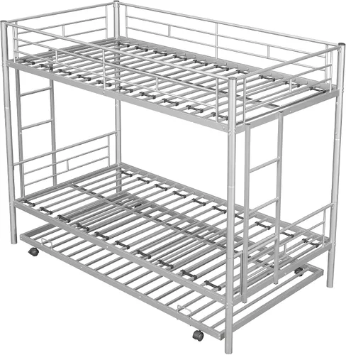 Miniatura 2 de EMKK Litera de metal individual sobre cama individual con nido para 3 niños/adultos, litera convertible con 2 escaleras laterales y barandilla