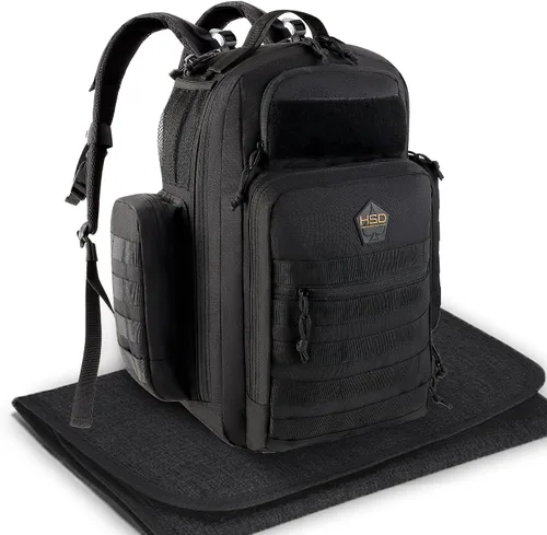 Mochila táctica para pañales HSD + almohadilla Cambiadora, bolsillos aislados, correas de carriola., Negro