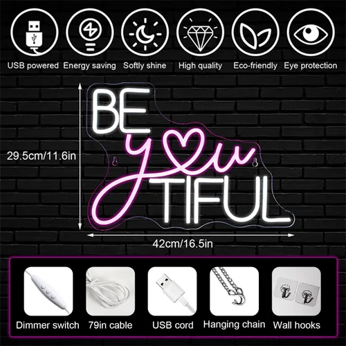 Miniatura 2 de Horseneon Letrero LED de neón con texto en inglés "Be You Tiful", rectangular, color rosa, 16.5 x 11.6 pulgadas, montaje en pared, tema de amor