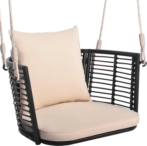Miniatura 11 de Tangkula - Columpio de ratán con asiento colgante para 1 persona y cojines de asiento y respaldo, marco de metal y 2 cuerdas resistentes para Azul
