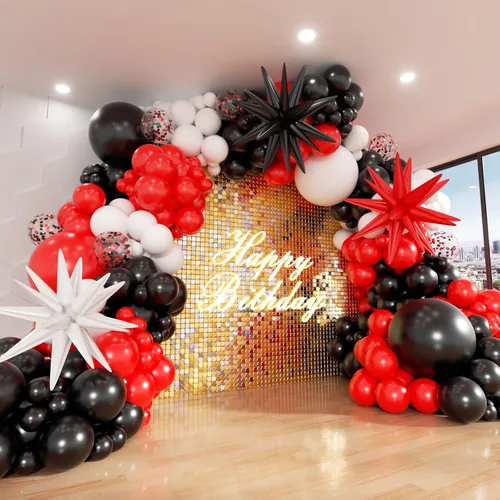 Kit de arco de globos rojos, negros y blancos de ADOINBY, kit de guirnalda de globos con estrellas, 140 piezas, globos de diferentes tamaños para