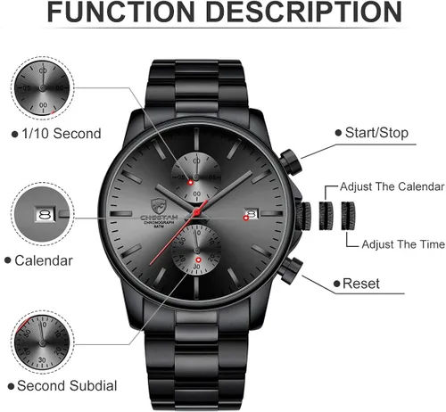 Miniatura 3 de Golden Hour Fashion Business Relojes para hombre con cronógrafo, a prueba de agua, de acero inoxidable, reloj de cuarzo con fecha automática
