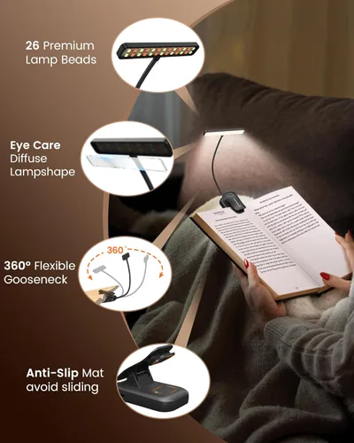 Miniatura 6 de Glocusent 26 luces LED recargables para leer en la cama, cuidado de los ojos, 5 colores ámbar y atenuación continua, dura de 1 semana a un mes, Negro