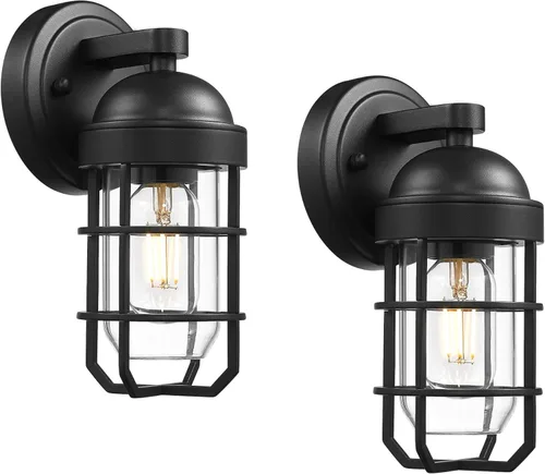 Miniatura 9 de Emliviar Lámpara de pared para exterior estilo casa de campo, lámpara de pared exterior clásica, jaula de metal industrial náutica con vidrio
