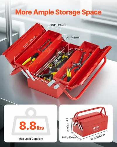 Miniatura 2 de VEVOR Caja de herramientas de metal, 14 pulgadas, 2 niveles, 3 bandejas, portátil, plegable, organizador de cofre de herramientas con mango