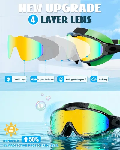 Miniatura 8 de Aegend Nuevo paquete de 2 gafas de natación de visión amplia para niños, gafas antivaho/anti-UV sin fugas con tapones para los oídos para niños de 3