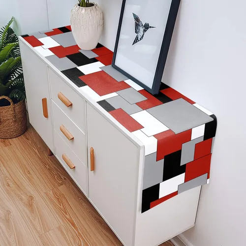 Miniatura 5 de Camino de mesa de lino de arpillera de 48 pulgadas de largo, arte abstracto moderno, bloque de color, gris, negro y rojo, camino de mesa