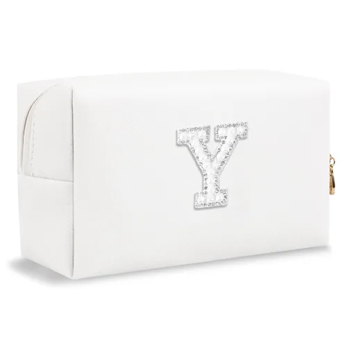 Miniatura 12 de Pequeña bolsa de maquillaje personalizada con inicial A-Z Preppy Patch, bolsa de cosméticos de viaje de felpilla blanca con cremallera, bonita bolsa