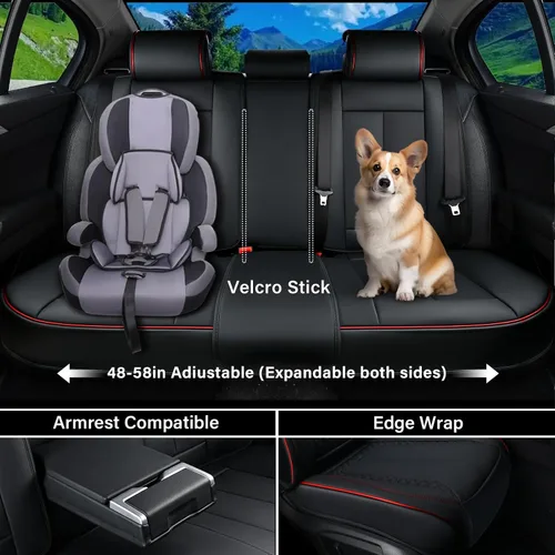 Miniatura 3 de Coverado Juego completo de fundas de asiento de automóvil, fundas rojas para asientos delanteros y traseros, de piel de napa impermeable, cojín