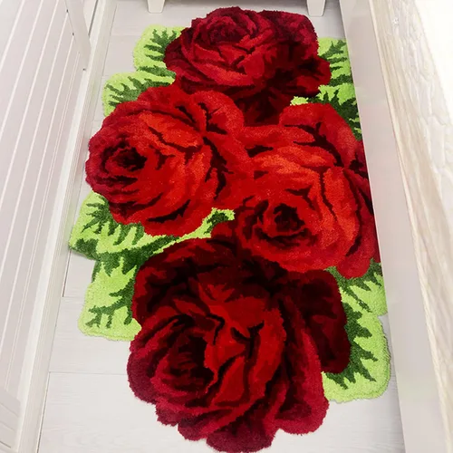 Miniatura 4 de UKELER Alfombras de baño con rosas florales, alfombras peludas de flores rojas para dormitorio de niñas, antideslizante, absorbente, alfombra de Rojo