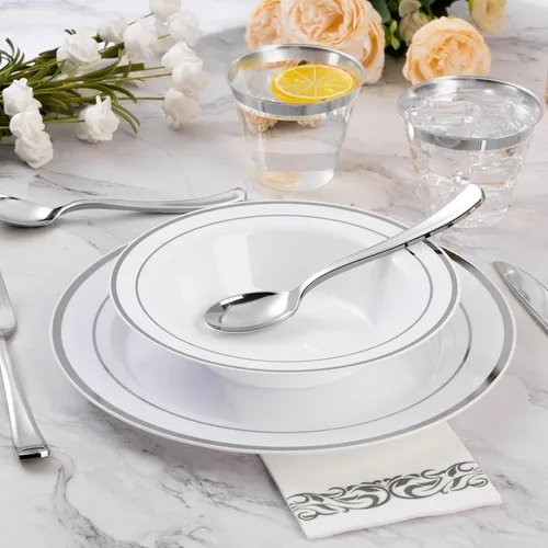 Miniatura 6 de Goodluck Paquete de 50 cuencos de plástico con borde plateado, cuencos de sopa desechables de 12 onzas para bodas, fiestas, cenas, catering y uso
