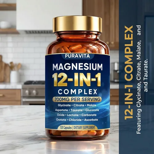 Miniatura 7 de Puravita Cápsulas complejas de magnesio 12 en 1, mezcla de alta absorción de 700 mg con glicinato, citrato, malato, óxido y taurato. Apoya