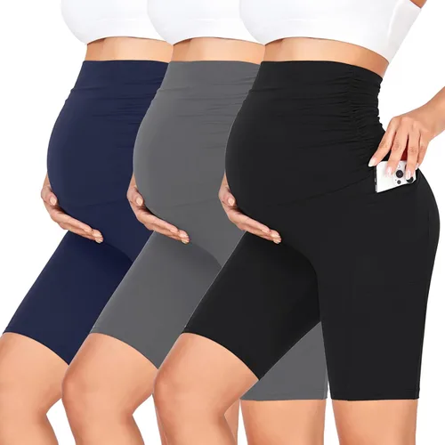 GROTEEN Paquete de 3 pantalones cortos de maternidad para mujer con bolsillos, cintura alta de 8 pulgadas, pantalones cortos de ciclismo para