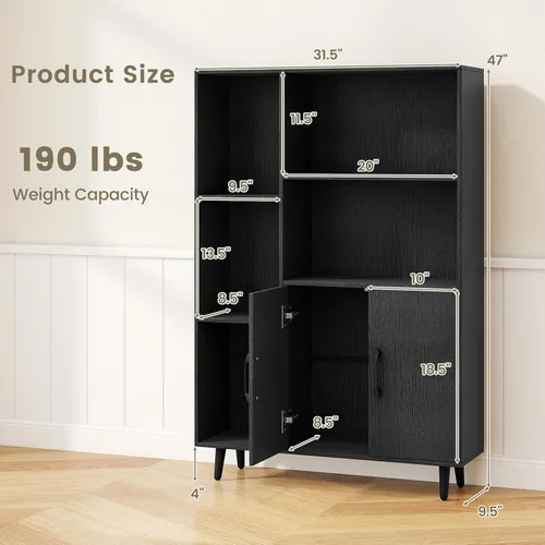 Miniatura 3 de Giantex Gabinete de almacenamiento de 47 pulgadas, estantería con 2 puertas, 5 estantes abiertos, patas de metal, kits antipuntas, gabinete de Negro