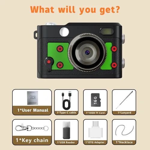Miniatura 7 de Mini cámara retro con llavero – Cámara digital pequeña FHD de 1080P con lente de 2 MP, pantalla de 0.96 pulgadas y adaptador OTG con tarjeta de 16