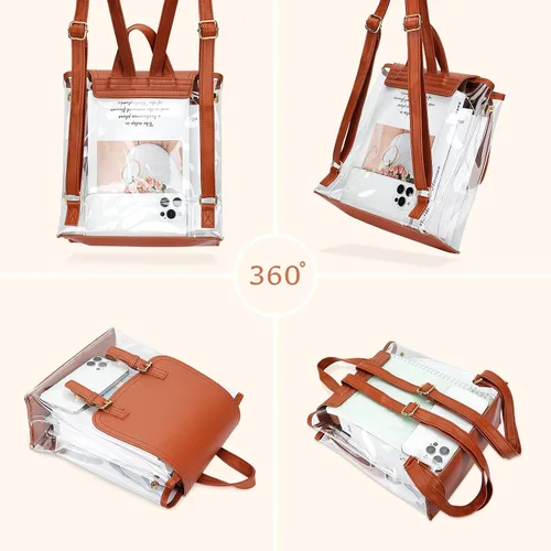 Miniatura 7 de KKXIU Mochila transparente de moda, aprobada para estadios, bolsa escolar transparente para mujeres y adolescentes, Marrón, Mochilas Daypack