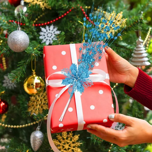Miniatura 5 de OCTERIC - 30 piezas de flores artificiales de Pascua con purpurina, ramas con bayas para árbol de Navidad, adornos de árbol de Navidad con clips