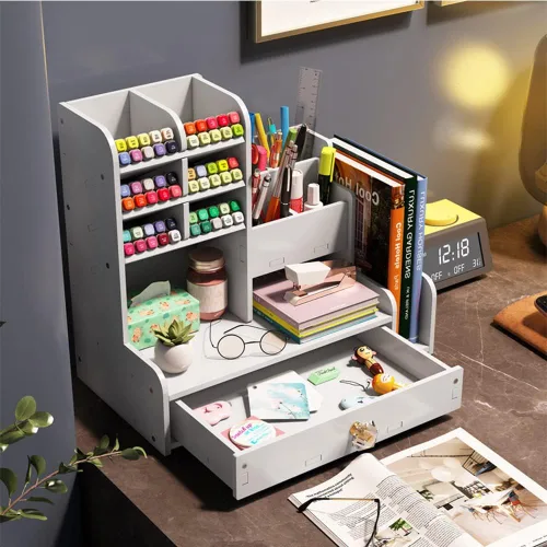 Miniatura 5 de Hggzeg Organizador de escritorio para bolígrafos, organizador de papelería con cajones y 2 soportes para archivos, almacenamiento de suministros