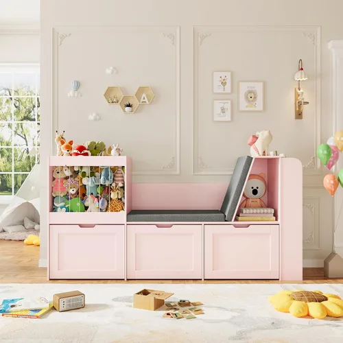 Miniatura 9 de Rincón de lectura para niños de 66.9 pulgadas, organizador de almacenamiento de juguetes con almacenamiento de animales de peluche, banco y cojines