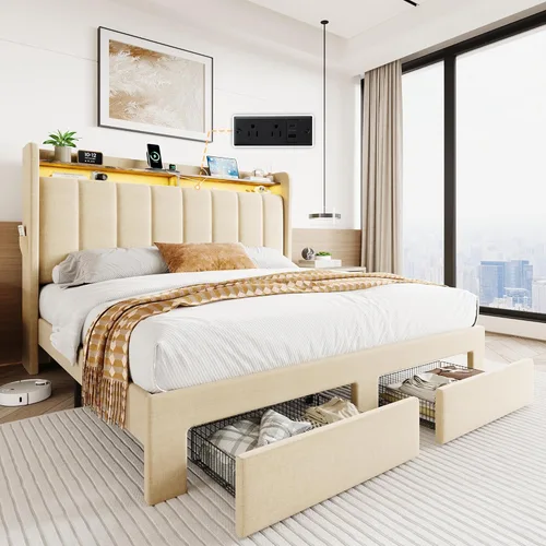 SHA CERLIN Base de cama de plataforma de tamaño matrimonial con cabecera de canal vertical copetuda y 2 cajones de almacenamiento, estantes de 2