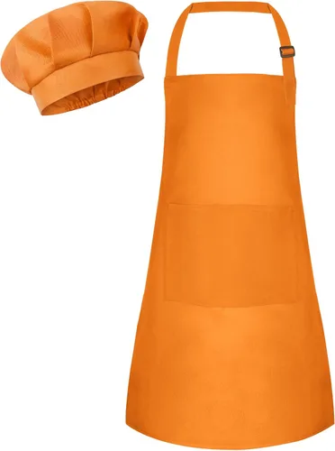 Miniatura 16 de Conjunto de Delantal y Gorro de Chef para Niños, Delantal Infantil Ajustable con 2 Bolsillos, para Niños Chef y Pintura, Cocinar, Hornear