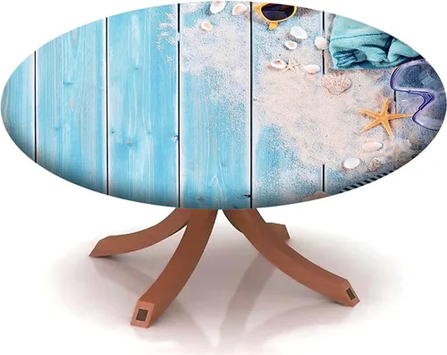 Miniatura 19 de Mantel redondo ajustable con patrón marítimo, borde elástico, adecuado para catering y cocina, se puede limpiar con el mantel de mesa redonda