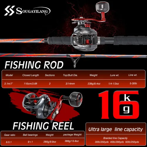 Miniatura 6 de Sougayilang Combo de Caña y Carrete Baitcaster, Caña de Pescar Compuesta de Carbono y Vidrio de 7'0" con Carrete de Casting Tamaño 400, Asiento