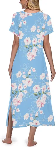 Miniatura 5 de PrinStory Camisón largo para mujer, camisón de manga corta con cuello en V, ropa de descanso suave, ropa de dormir casual con bolsillos
