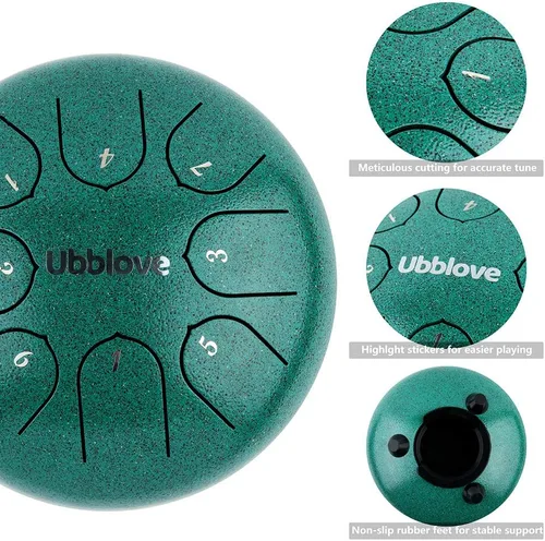 Miniatura 3 de Ubblove Tambor de lengua de acero para niños: 8 notas de 6 pulgadas clave de C Metal Steel Drums Instrumento con bolsa para meditación, yoga, Verde