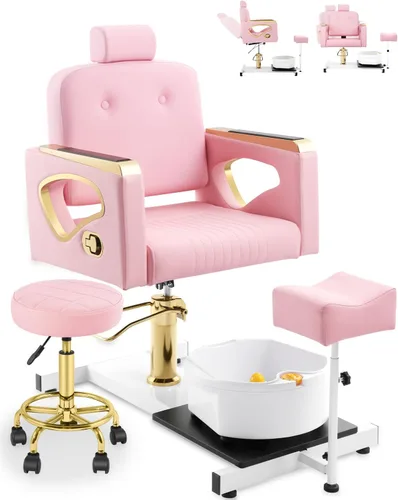 Miniatura 9 de Silla de Pedicura Sin Plomería para Técnica de Uñas, con Reposapiés Ajustable y Tina de Masaje, Taburete de Pedicura con Ruedas, Estación