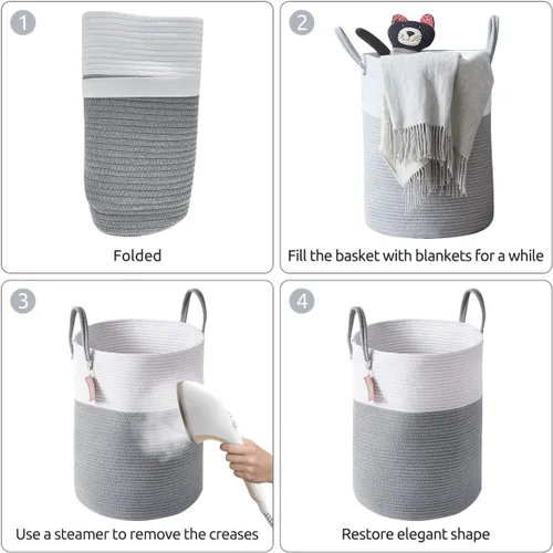 Miniatura 6 de Youdenova - Canasta para lavandería de cuerda tejida de algodón plegable de 58 litros; ideal como canasta de almacenamiento de ropa, mantas, Gris