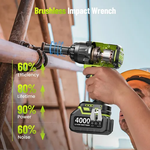 Miniatura 6 de Llave de impacto inalámbrica de 1400 N.m (1032 pies-libras), pistola de impacto sin escobillas de 1/2" de alto par, potencia de 2400 RPM, 2